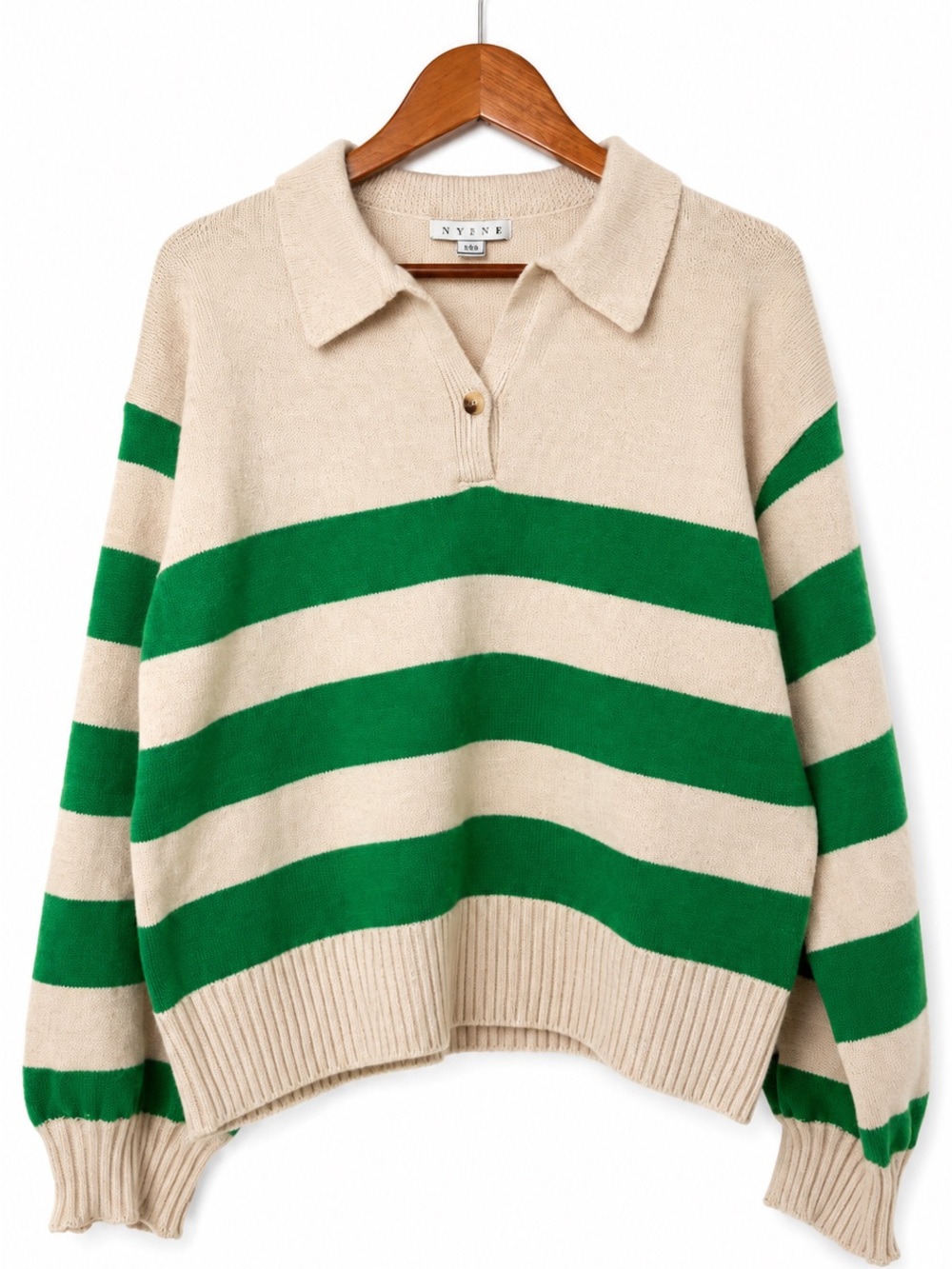 HYFVE Cream and Green Striped V-Neck Polo Sweater